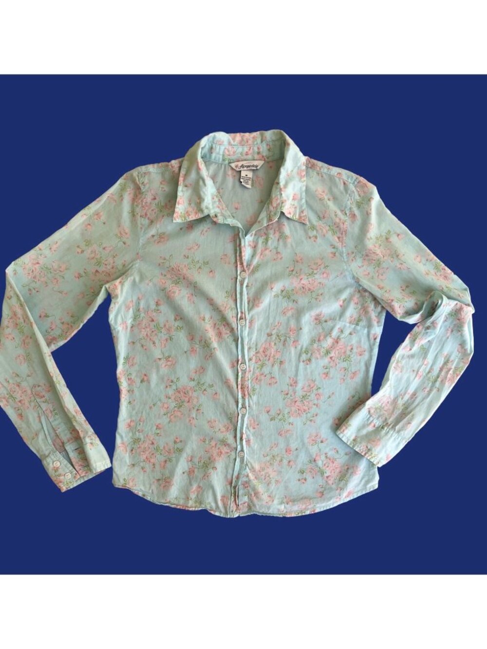 Aeropostale Floral Button Up Shirt Womens M Pastel Light Blue Pink Cottagecore